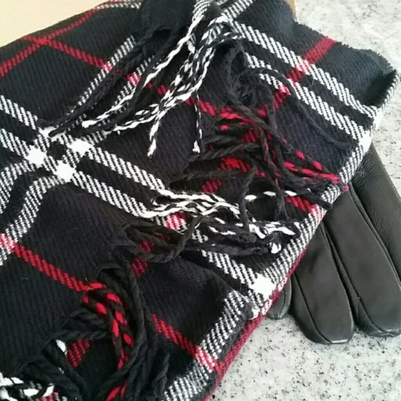 Mens Plaid LONG Scarf and Leather Gloves gift set - Picture 3 of 6